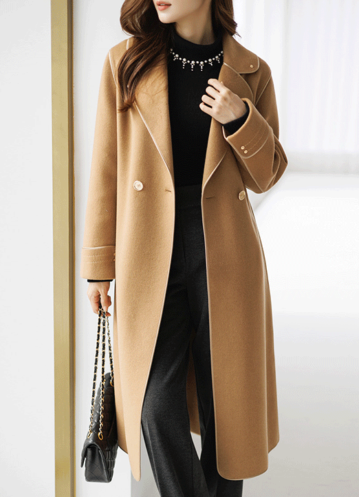 Wool100 Double Breasted Pipe Detail Coat