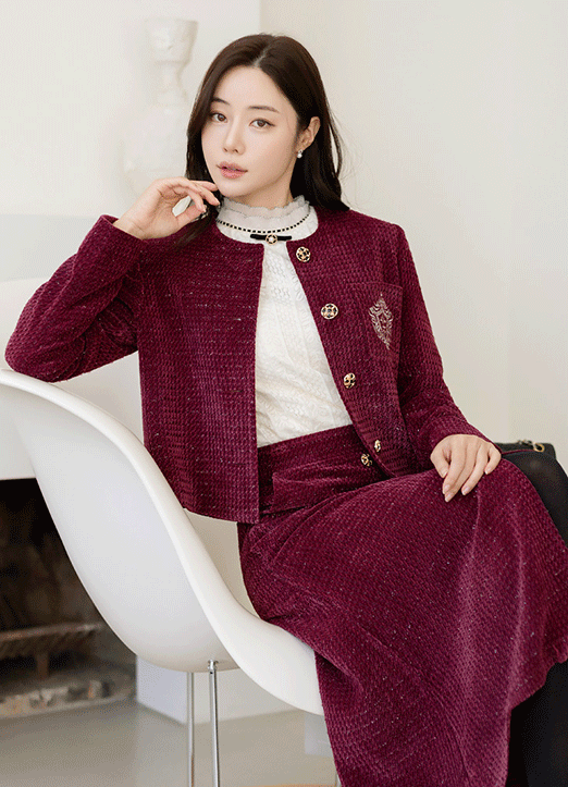 [LouisAngel] Jewel Button Collarless Velvet Metallic Tweed Jacket