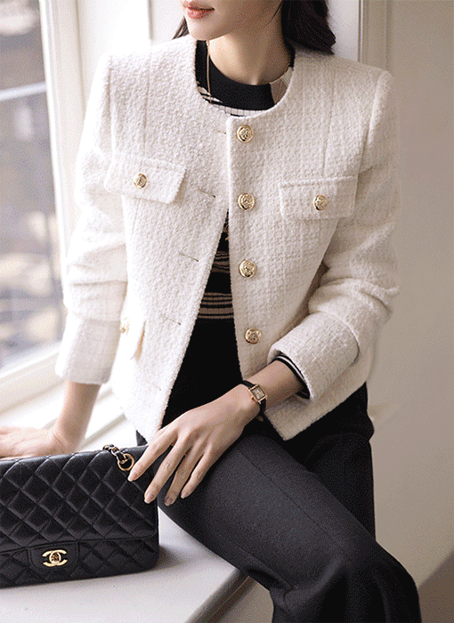 [LouisAngel] Wool30 Collarless Gold Button Metallic Tweed Jacket