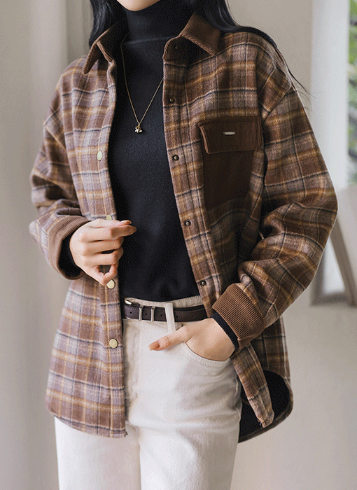 [The Onme] Plaid Corduroy Trim Shirt Jacket