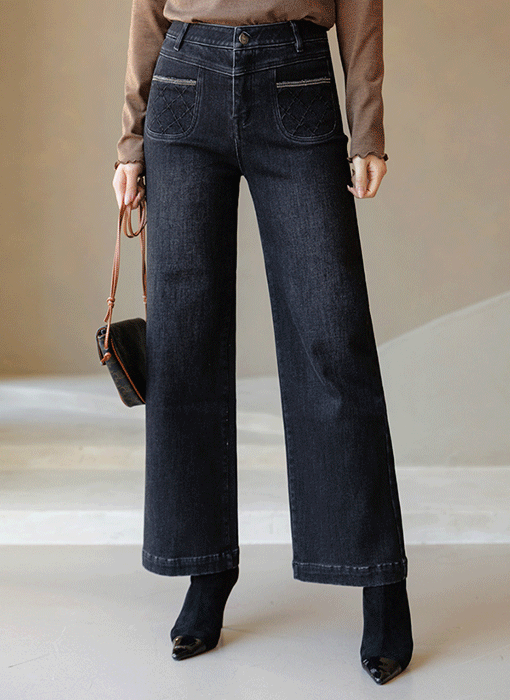 Diamond Stitch Pocket Straight Wide Jeans