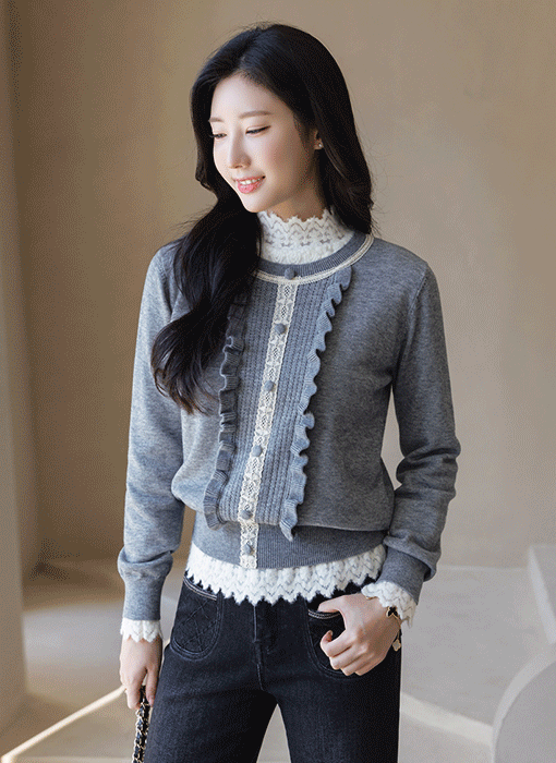 Lace Trim Frill Knit Cardigan-Style Top