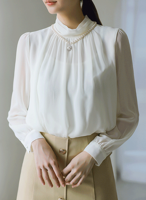 (7 Colors) Grace High-Neck Shirring Chiffon Blouse
