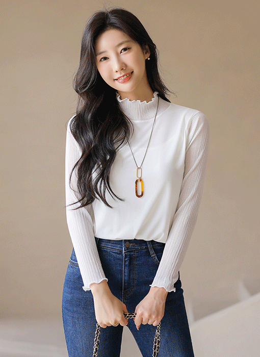 (4 Colors) Pleated Sheer Sleeve Mock Neck Top