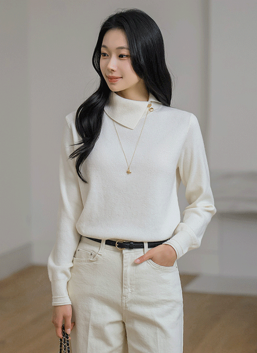 (4 Colors) Asym Gold Button Collar Knit Top