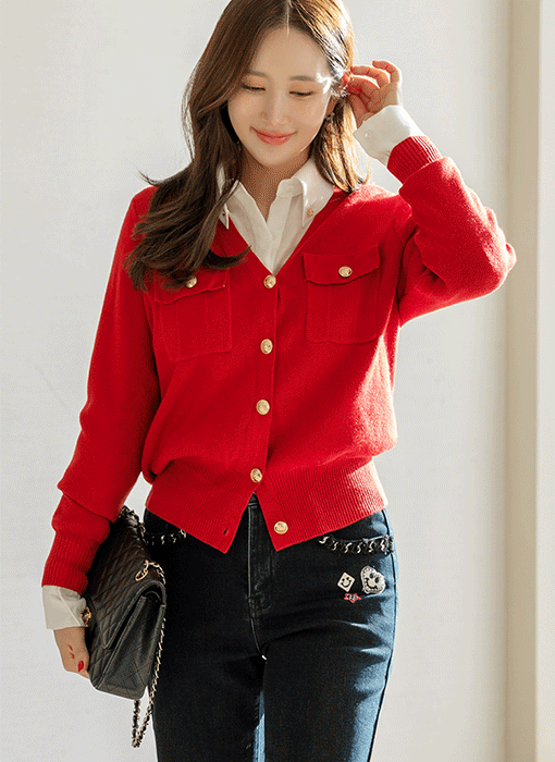 Gold Button Classic V-Neck Knit Cardigan