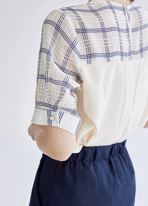 [Louis Angel] Check Texture Block Short Sleeve Blouse