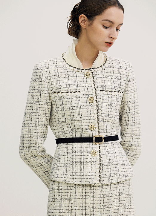 [The Onme] Braided Edge Collarless Tweed Jacket w/ Belt