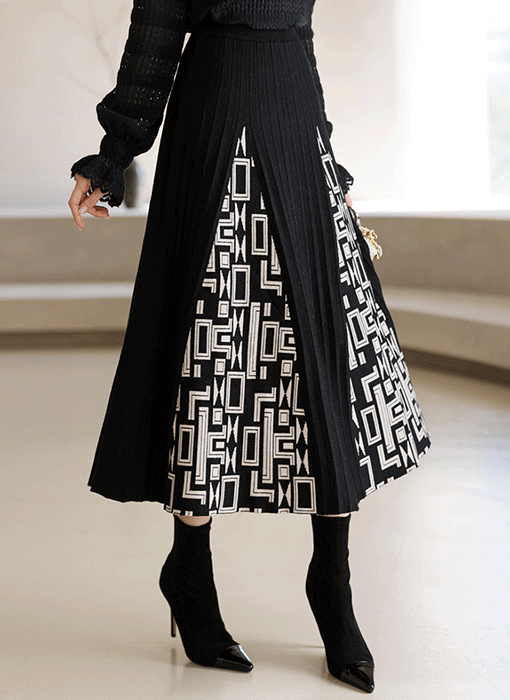 [LouisAngel] Elastic Waist Geometric Pattern Pleated Knit Skirt
