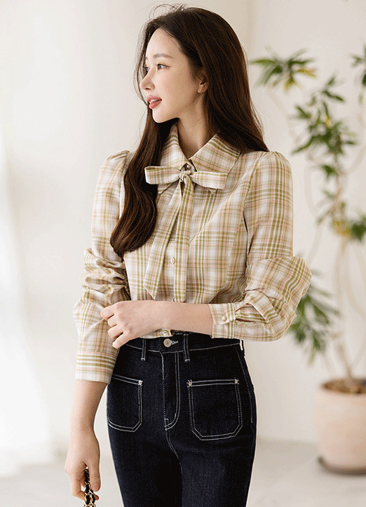 [Louis Angel] Check Print Pearl Button Puff Sleeve Shirt w/ Tie