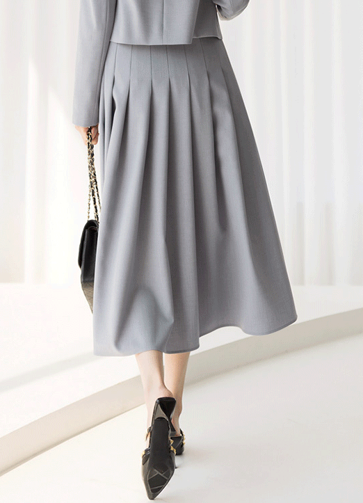 [Louis Angel] Elastic Back Waist Pleated Fare Midi Skirt