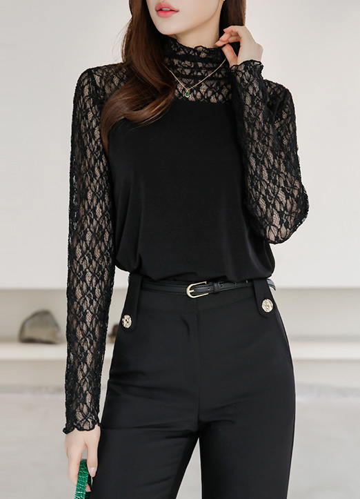 Sheer Lace Yoke Mock Neck Stretch Top