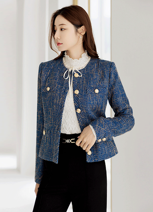 Collarless Gold Button Tweed Jacket