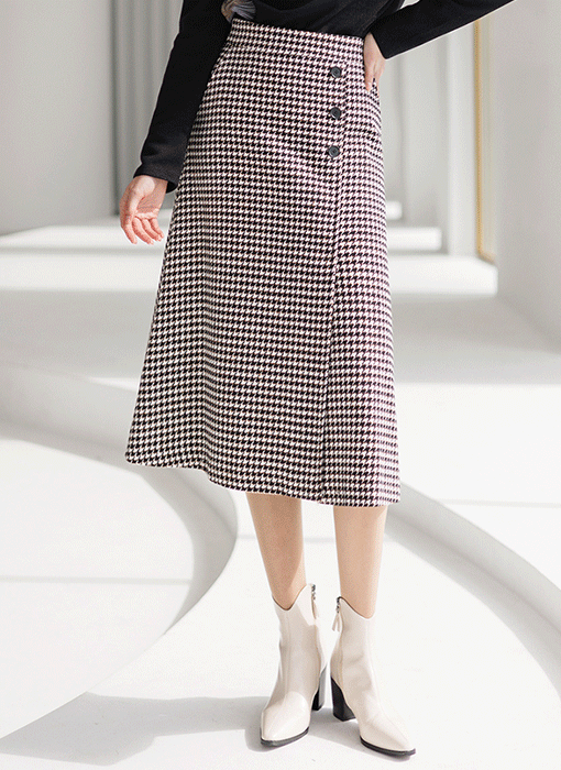 [LouisAngel] Wool Like Wrap Design Houndstooth A-Line Skirt