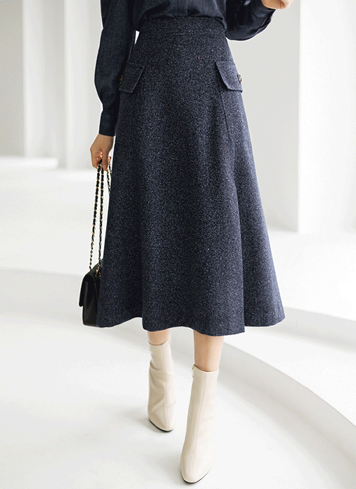 [LouisAngel] Wool Blended Side Big Pocket Front Slit Flare Skirt