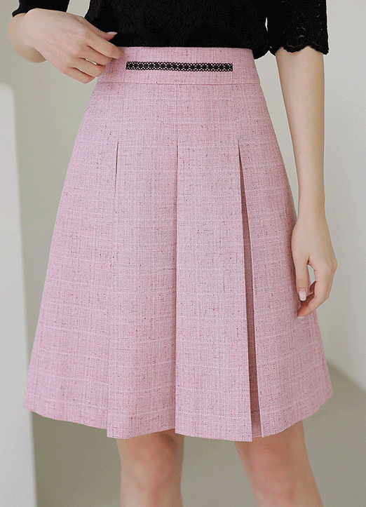 [LouisAngel]  Black Lace Detail Tweed Box Pleats Skirt 