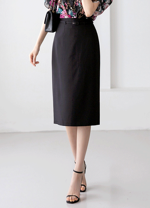 High Waist Back Slit Midi Pencil Skirt w/ Belt