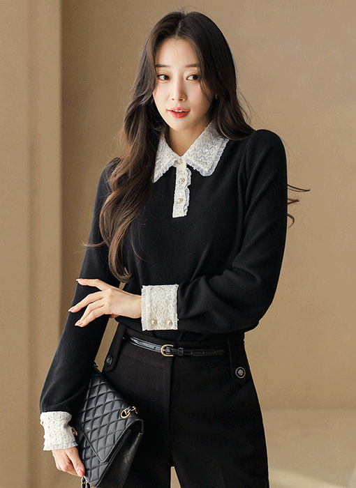 [LouisAngel] Elegant Contrast Lace Collar Ribbed Blouse Tee
