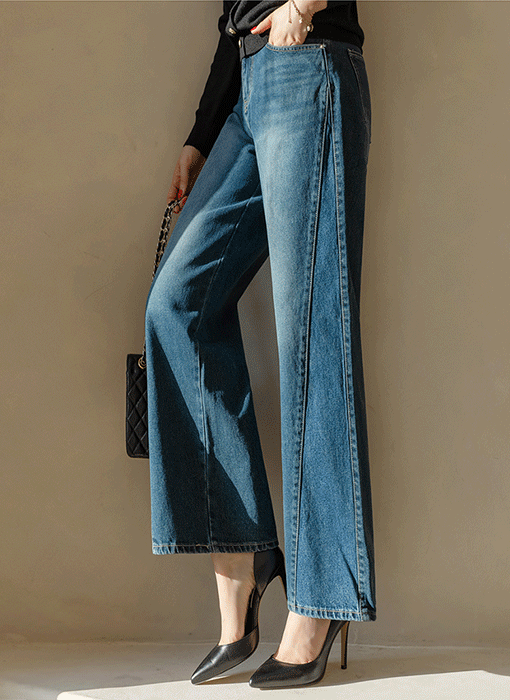 빌리드 사선 절개 라인 일자 세미 와이드 데님 팬츠