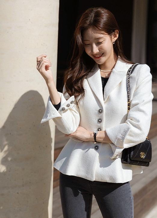 Jewel Button Detail Paneled Tweed Peplum Jacket