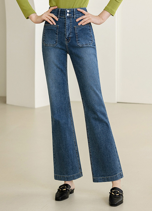 Elastic Waist Patch Pocket  Semi Wide Jeans