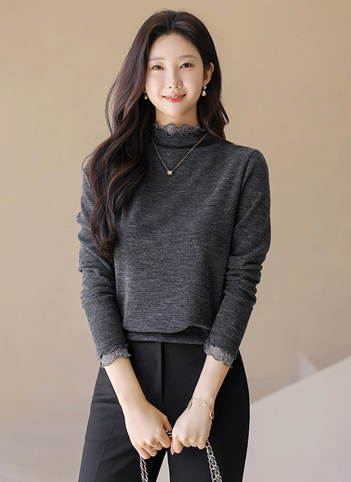[LouisAngel] Metallic Lace Trim Mock Neck Top