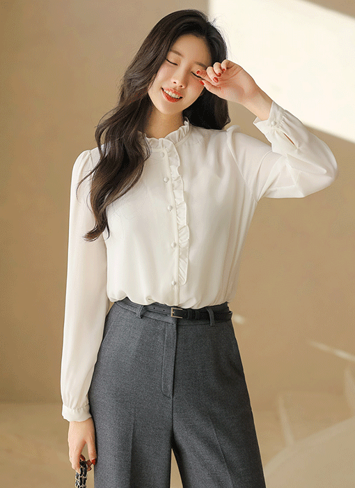 Elegant Frill-Trim Feminine Blouse