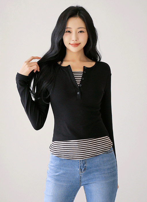 [The Onme] Striped Layered Henley Slim Tee