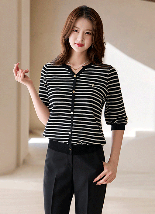 Chic Stripe Slit-Neck Knit Top