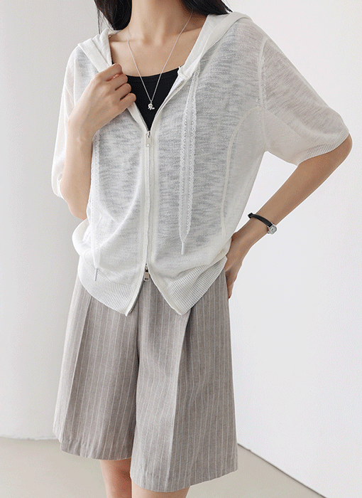 [The Onme] (4 Colors) Lace Tie Sheer Knit Zip-Up