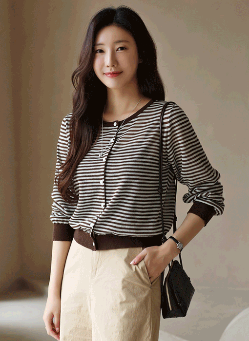 Linen Blend Striped Knit Cardigan