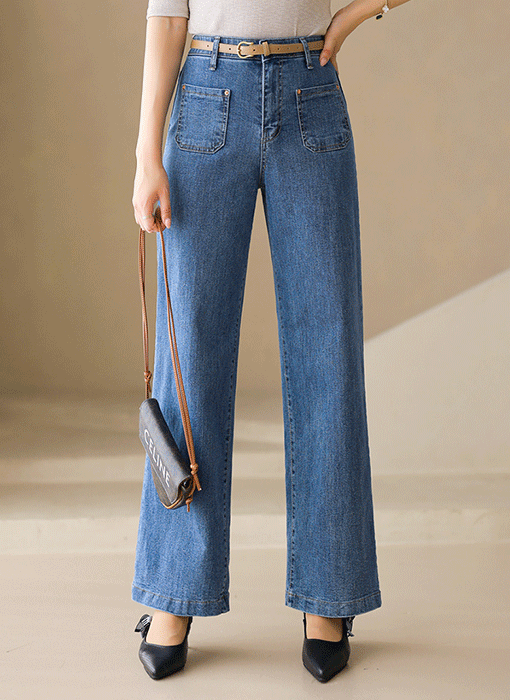 Casual Patch Pocket Wide Jeans