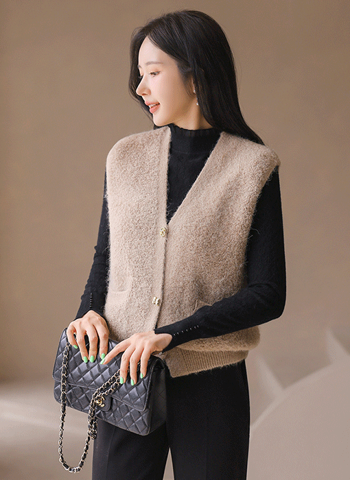 Bouclé Wool Blend Button Knit Vest