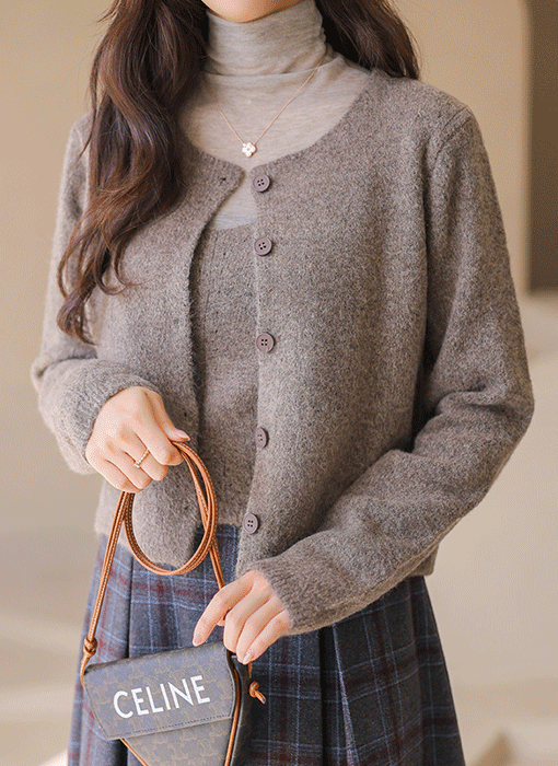 (4 Colors) Fuzzy Texture Knit Vest & Cardigan SET