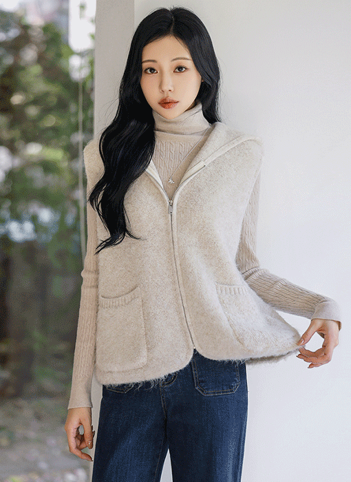 [The Onme] Cozy Fleece Touch Hood Zip-Up Vest