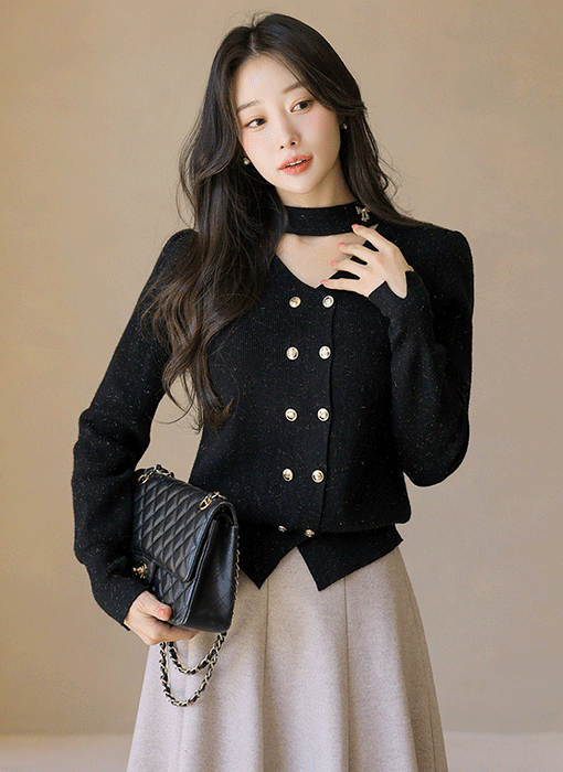 Lumi Gold Button Choker Knit Cardigan