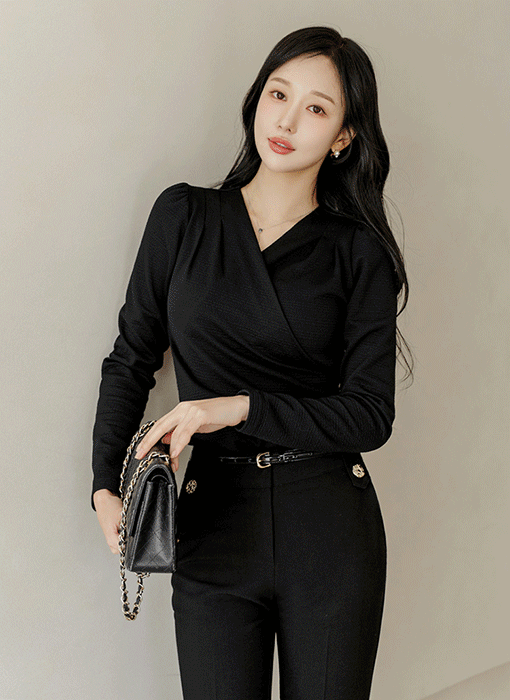 [LouisAngel] Grace Form Wrap Shirred Blouse Tee