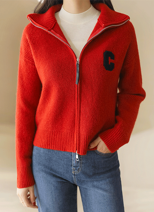 (5 Colors) C Lettering High Neck 2-Way Zipper Rib Knit Cardigan