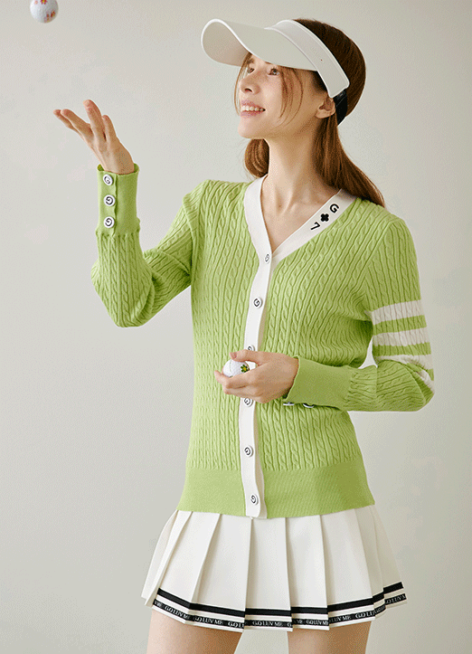 [QoG] Contrast Lining Button Point Cable Knit Cardigan