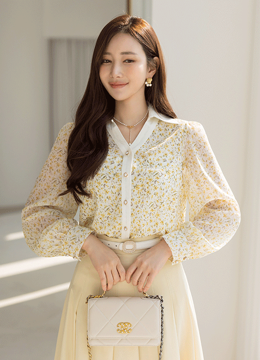 [Louis Angel] Contrast Trim Yellow Floral Blouse