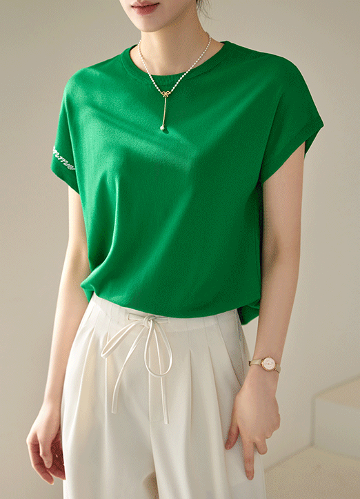 [Louis Angel] (4 Colors) Silver Lettering Cap-Sleeve Round Neck Knit Top