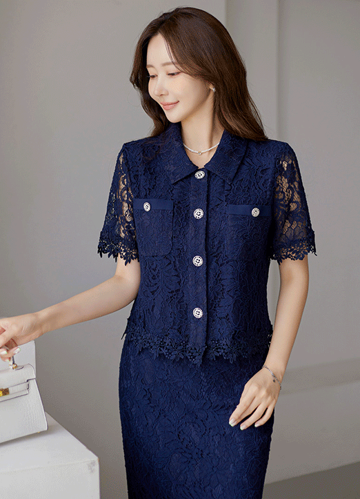 Feminine Floral Lace Silver Button Collared Jacket