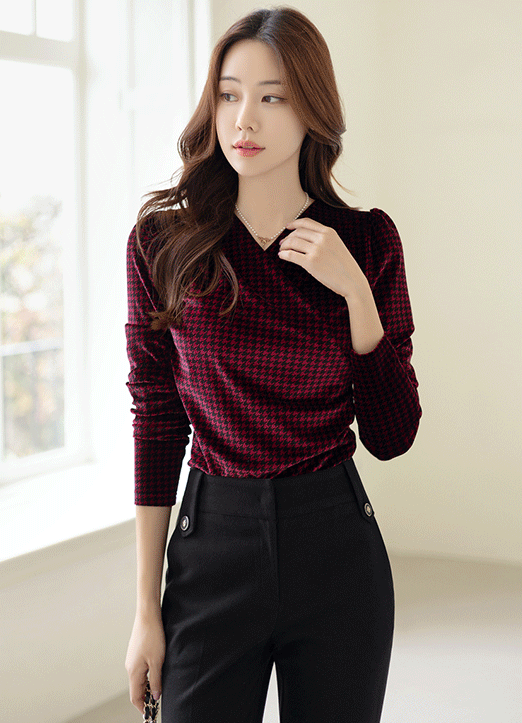 [LouisAngel] Houndstooth Wrap Design Shirring Top