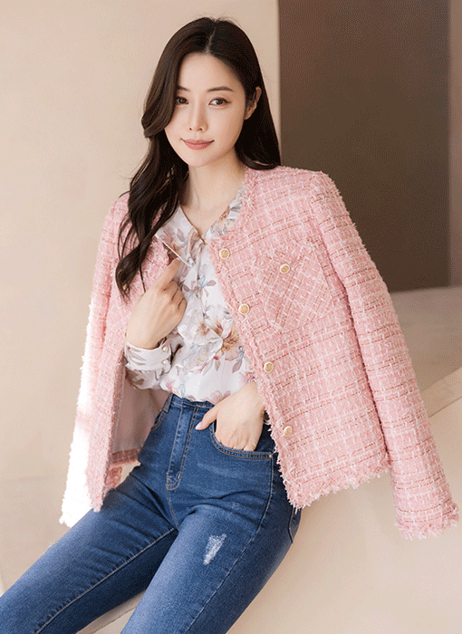 [Special Price] Fringe Trim Collarless Pocket Tweed Jacket