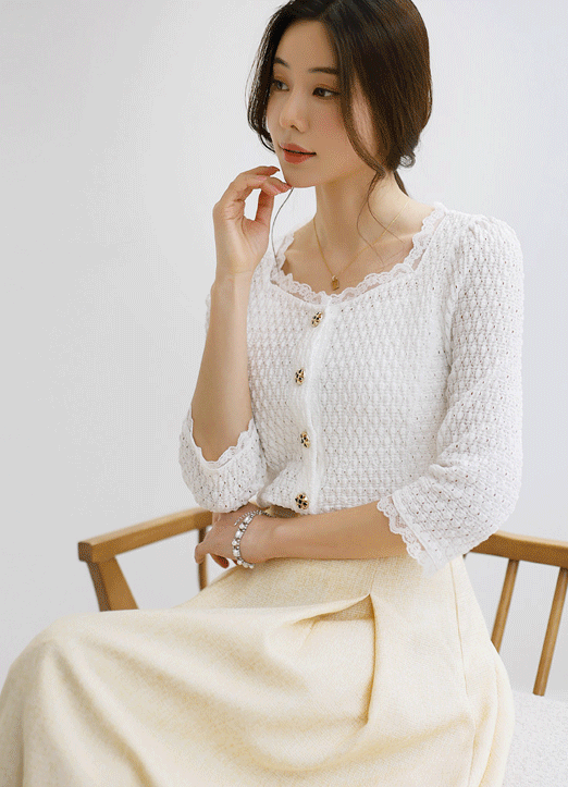 [LouisAngel] Lace Trim Square Neck 3/4 Sleeve Slim Cardigan