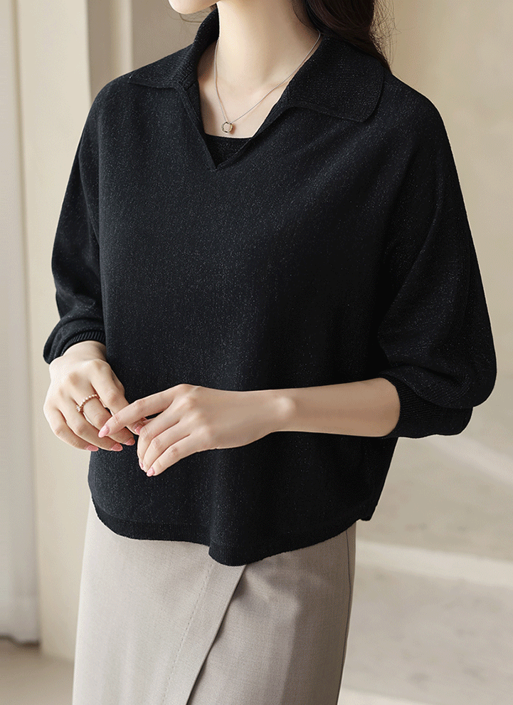 [The Onme] Metallic Sleeveless Top & Collared Knit Top SET