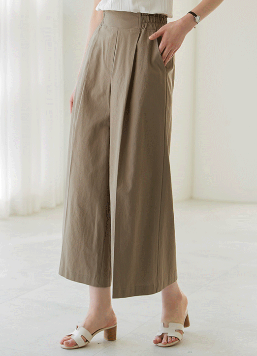 Elastic Waist Back Pintuck Wide Leg Cropped Pants