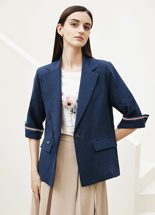 [The Onme] Linen100 Tape Trim Roll-Up Half Sleeve Jacket