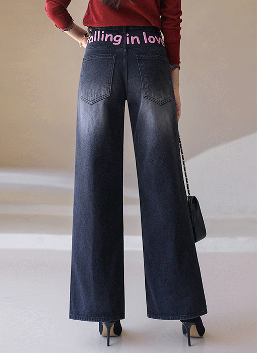 Vintage Wash Wide-Leg Jeans with Pink Detail