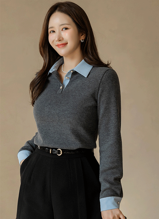 [LouisAngel] Classic Contrast Collar Rib Blouse